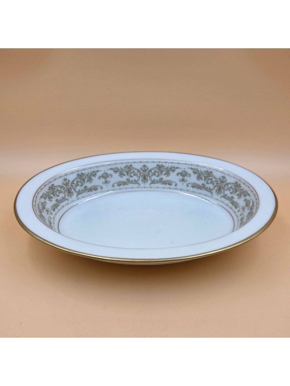 Lenox Noblesse 8" Oval Vegetable Bowl Green/Gold Leaves, Blue Dots, Gold Trim